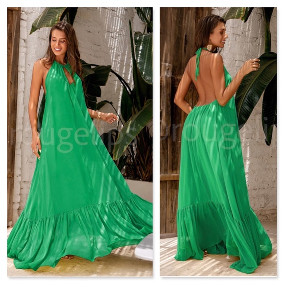 Rouge! Dresses & Skirts - Green Flowy Halter Cutout Maxi Flared Dress Backless Open Back